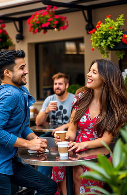 A scene depicting two men and one woman in a lively outdoor café setting