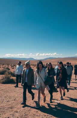 A scene of people walking alone in a vast sabana, featuring a wide open landscape filled with gentle hills and scattered bushes under a clear blue sky