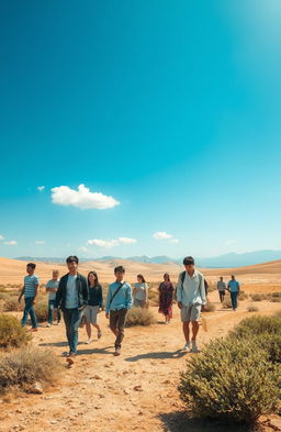 A scene of people walking alone in a vast sabana, featuring a wide open landscape filled with gentle hills and scattered bushes under a clear blue sky