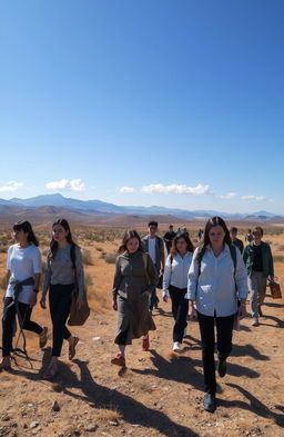 A scene of people walking alone in a vast sabana, featuring a wide open landscape filled with gentle hills and scattered bushes under a clear blue sky