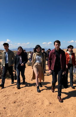 A scene of people walking alone in a vast sabana, featuring a wide open landscape filled with gentle hills and scattered bushes under a clear blue sky