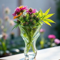 A beautifully crafted vase made from transparent glass, shaped like a cannabis leaf