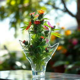A beautifully crafted vase made from transparent glass, shaped like a cannabis leaf