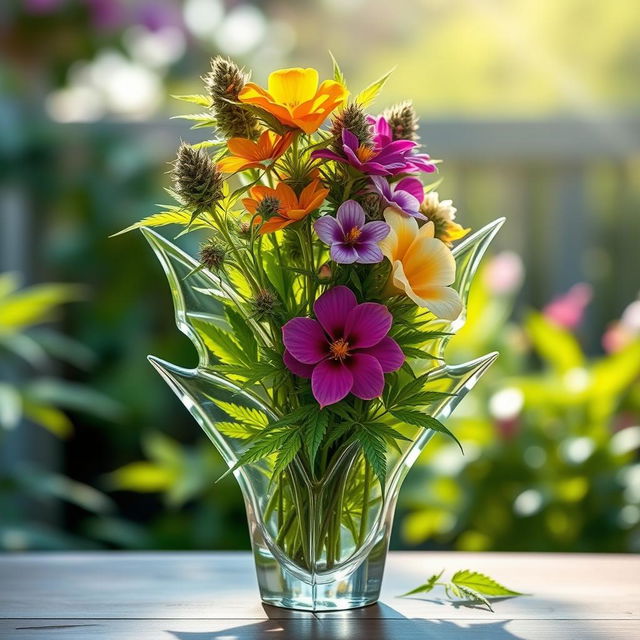 A beautifully crafted vase made from transparent glass, shaped like a cannabis leaf