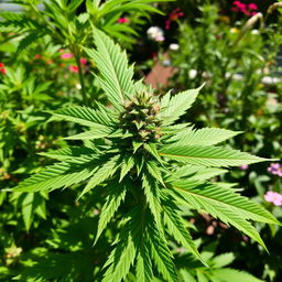 A lush, healthy cannabis plant with vibrant green leaves and dense buds, displayed in a natural outdoor setting