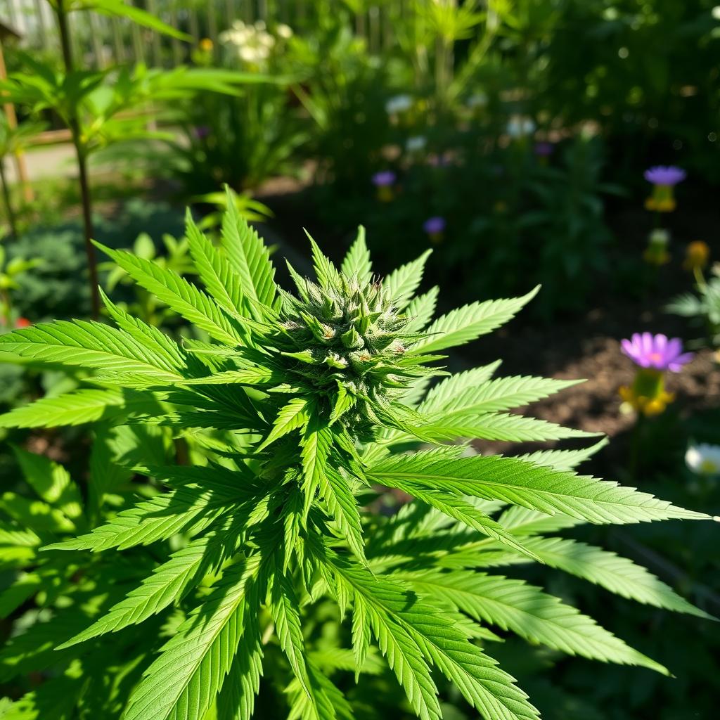 A lush, healthy cannabis plant with vibrant green leaves and dense buds, displayed in a natural outdoor setting