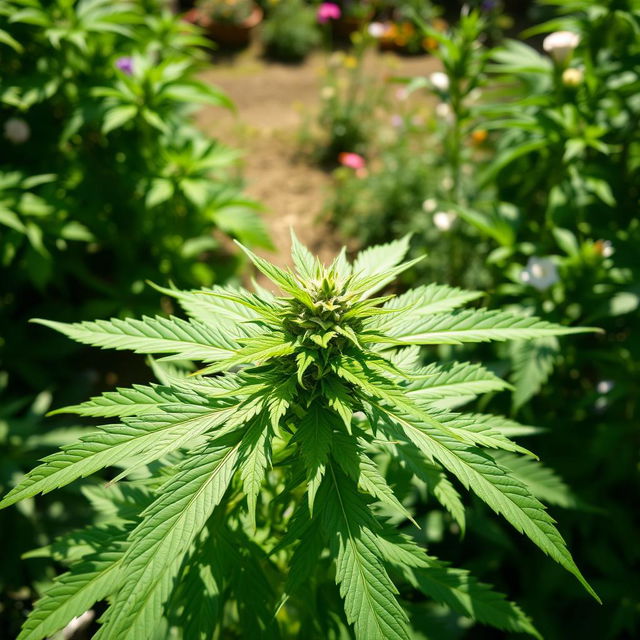 A lush, healthy cannabis plant with vibrant green leaves and dense buds, displayed in a natural outdoor setting