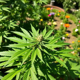 A lush, healthy cannabis plant with vibrant green leaves and dense buds, displayed in a natural outdoor setting