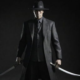 An imposing vision of a hero clad in classic mafia clothing. In his firm grasp, he holds two elongated samurai swords, suggesting a blend of cultures and eras.