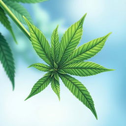 A vibrant, close-up illustration of a cannabis leaf with intricate details, showcasing its distinctive serrated edges and vivid green color