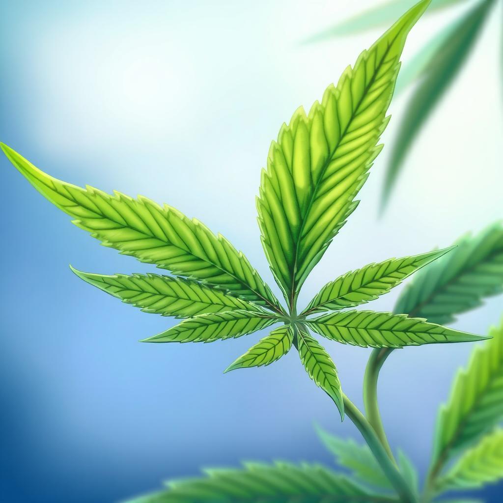 A vibrant, close-up illustration of a cannabis leaf with intricate details, showcasing its distinctive serrated edges and vivid green color