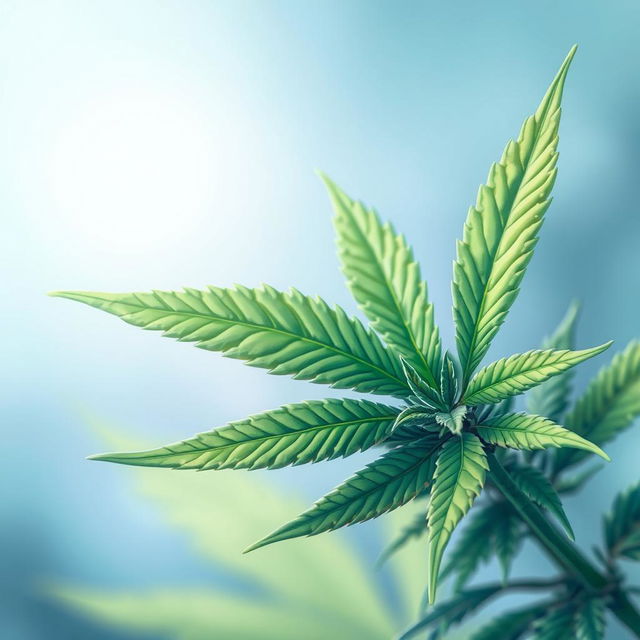 A vibrant, close-up illustration of a cannabis leaf with intricate details, showcasing its distinctive serrated edges and vivid green color