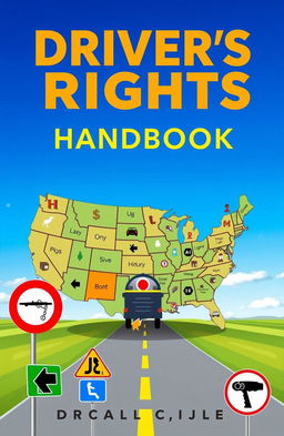 An educational book cover design for a driver's rights handbook, featuring a stylized map of the United States with all 50 states represented, each state marked with unique icons symbolizing key driving rights