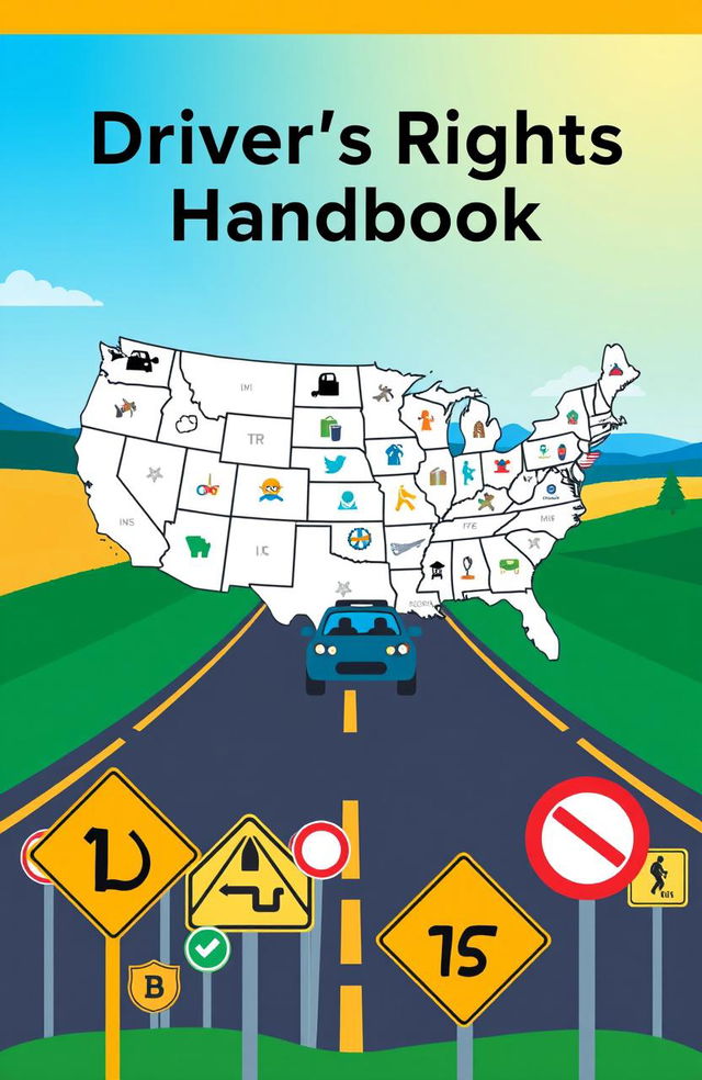 An educational book cover design for a driver's rights handbook, featuring a stylized map of the United States with all 50 states represented, each state marked with unique icons symbolizing key driving rights