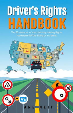 An educational book cover design for a driver's rights handbook, featuring a stylized map of the United States with all 50 states represented, each state marked with unique icons symbolizing key driving rights