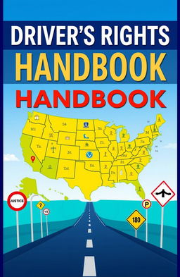 An educational book cover design for a driver's rights handbook, featuring a stylized map of the United States with all 50 states represented, each state marked with unique icons symbolizing key driving rights