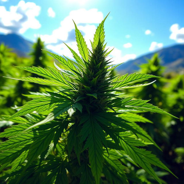 A lush, green cannabis plant, thriving under bright sunlight, with vibrant green leaves showcasing intricate details