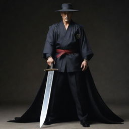 An imposing vision of a hero clad in classic mafia clothing. In his firm grasp, he holds two elongated samurai swords, suggesting a blend of cultures and eras.