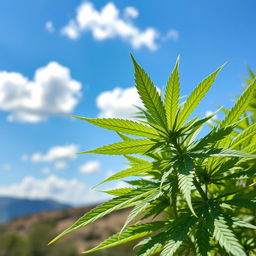 A lush, green cannabis plant, thriving under bright sunlight, with vibrant green leaves showcasing intricate details