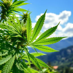 A lush, green cannabis plant, thriving under bright sunlight, with vibrant green leaves showcasing intricate details
