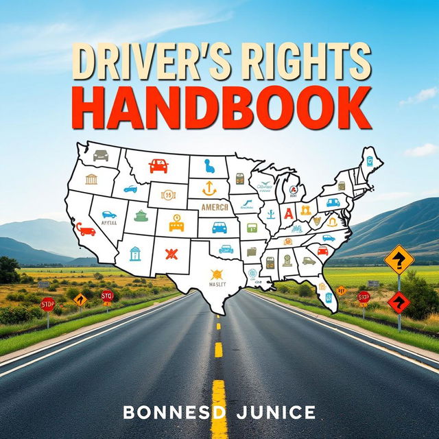 An educational book cover design for a driver's rights handbook, prominently featuring a detailed map of the United States that highlights all 50 states