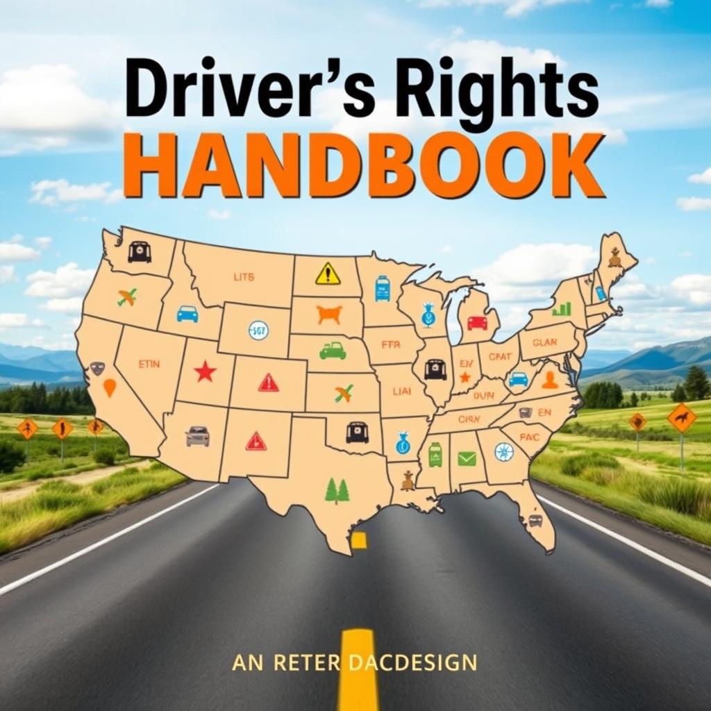 An educational book cover design for a driver's rights handbook, prominently featuring a detailed map of the United States that highlights all 50 states