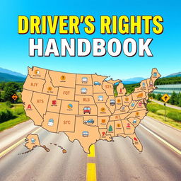 An educational book cover design for a driver's rights handbook, prominently featuring a detailed map of the United States that highlights all 50 states