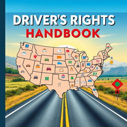 An educational book cover design for a driver's rights handbook, prominently featuring a detailed map of the United States that highlights all 50 states