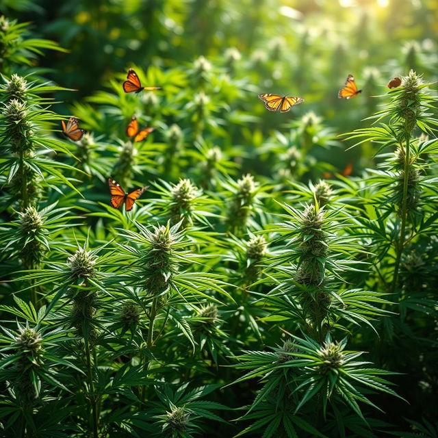 A visually stunning and artistic representation of cannabis plants in a lush, green garden