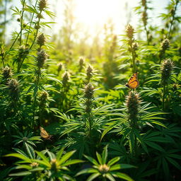 A visually stunning and artistic representation of cannabis plants in a lush, green garden