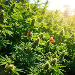 A visually stunning and artistic representation of cannabis plants in a lush, green garden