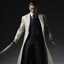 An imposing vision of a hero clad in classic mafia clothing. In his firm grasp, he holds two elongated samurai swords, suggesting a blend of cultures and eras.