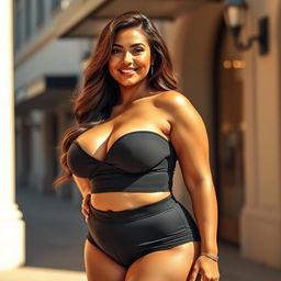 A stunning, curvy model with big breasts, confidently posing in a fashionable, form-fitting outfit, showcasing her ample curves