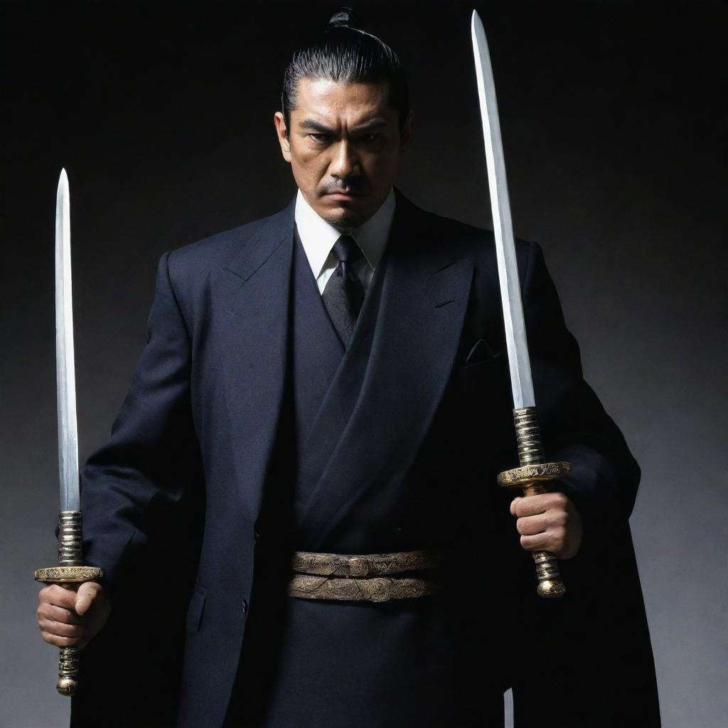 An imposing vision of a hero clad in classic mafia clothing. In his firm grasp, he holds two elongated samurai swords, suggesting a blend of cultures and eras.