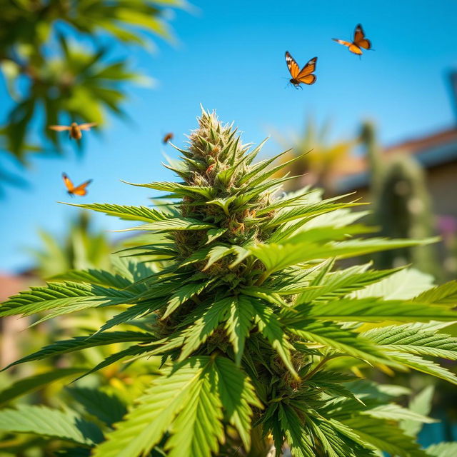 A vibrant and lush marijuana plant with large, deep green leaves and prominent buds