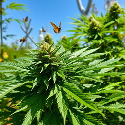 A vibrant and lush marijuana plant with large, deep green leaves and prominent buds