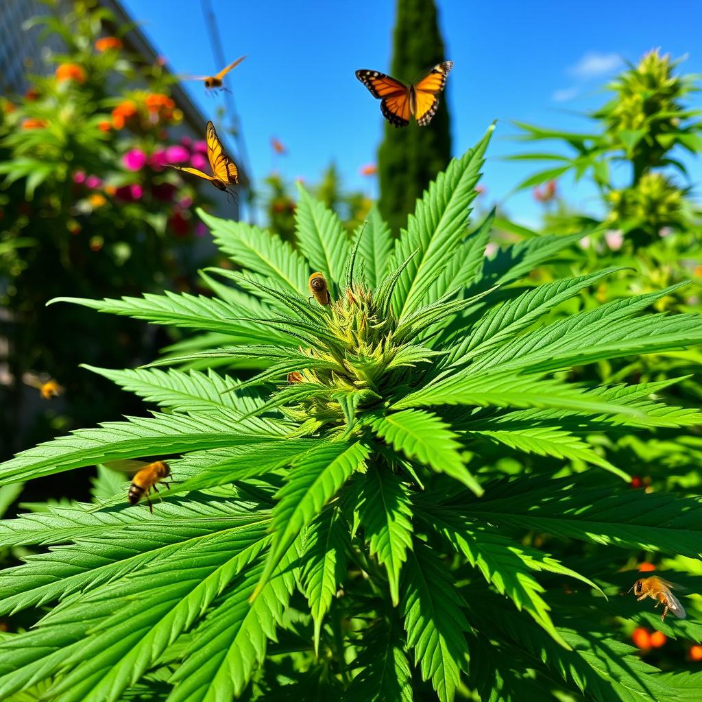 A vibrant and lush marijuana plant with large, deep green leaves and prominent buds