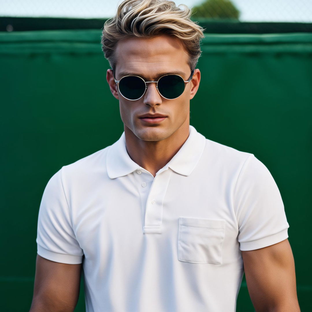 Close-up shot of a male model in smart casual attire on a tennis court, with a focus on the polo shirt. The crisp white polo shirt is made of premium cotton and fits impeccably.