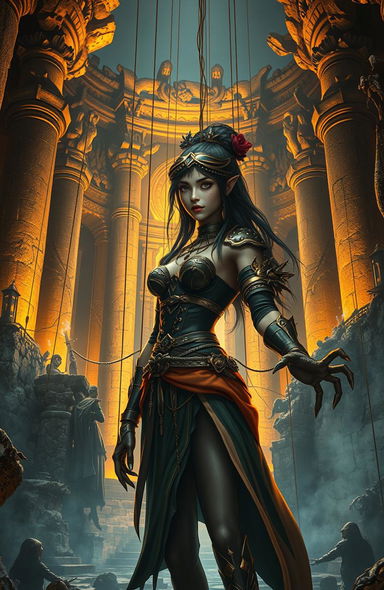 A captivating scene depicting an ancient empire with golden and dark themes, infused with a sense of mysterious power