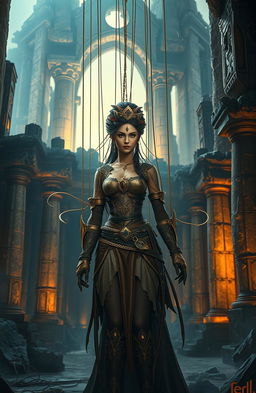 A captivating scene depicting an ancient empire with golden and dark themes, infused with a sense of mysterious power