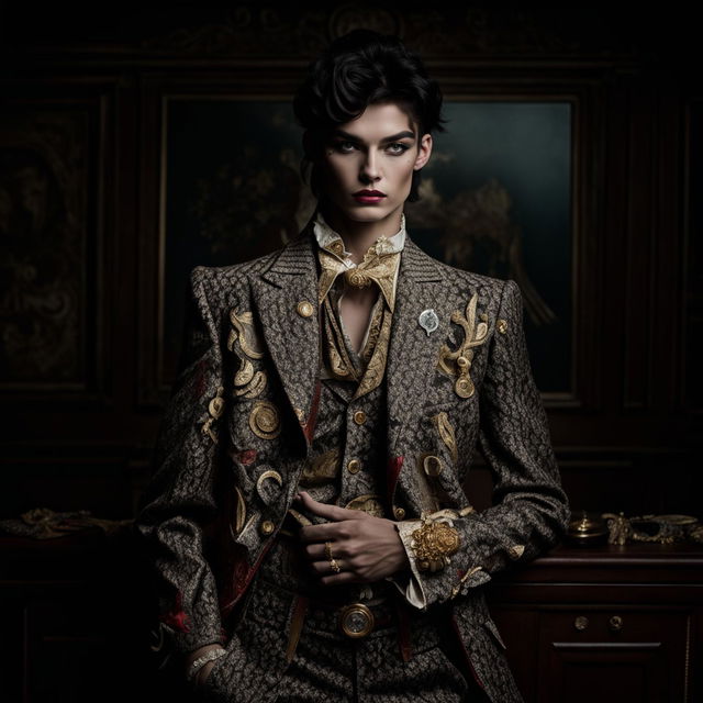 Androgynous model in high fashion old money inspired outfit in grand room with dramatic lighting for an editorial magazine photoshoot.