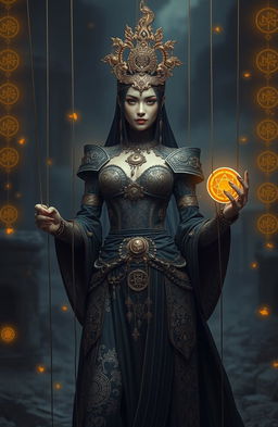 A striking fantasy scene depicting a rebel marionette-themed female lead, adorned in elaborate dark and golden attire that reflects ancient mysterious power