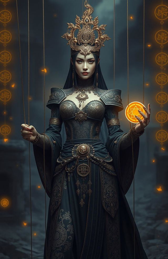 A striking fantasy scene depicting a rebel marionette-themed female lead, adorned in elaborate dark and golden attire that reflects ancient mysterious power