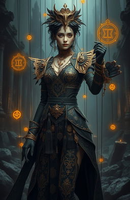 A striking fantasy scene depicting a rebel marionette-themed female lead, adorned in elaborate dark and golden attire that reflects ancient mysterious power