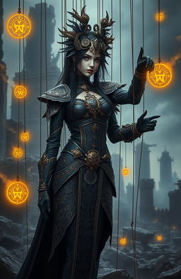 A striking fantasy scene depicting a rebel marionette-themed female lead, adorned in elaborate dark and golden attire that reflects ancient mysterious power