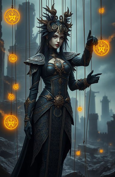 A striking fantasy scene depicting a rebel marionette-themed female lead, adorned in elaborate dark and golden attire that reflects ancient mysterious power