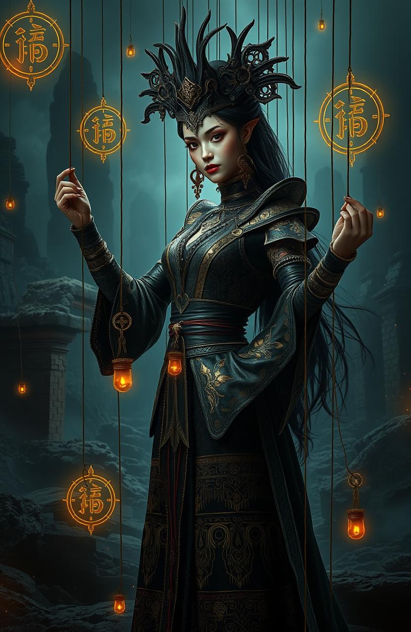 A striking fantasy scene depicting a rebel marionette-themed female lead, adorned in elaborate dark and golden attire that reflects ancient mysterious power