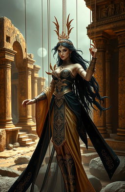 A striking female figure as a marionette, embodying an ancient empire with a mystical and powerful aura