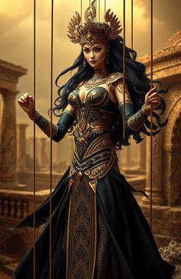 A striking female figure as a marionette, embodying an ancient empire with a mystical and powerful aura