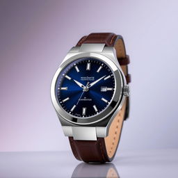 A high-end luxury watch named 'Maximite', showcasing a sleek and modern design with a metallic silver case, a deep blue dial featuring luminous hour markers and diamond-cut hands, and a sophisticated leather strap in dark brown
